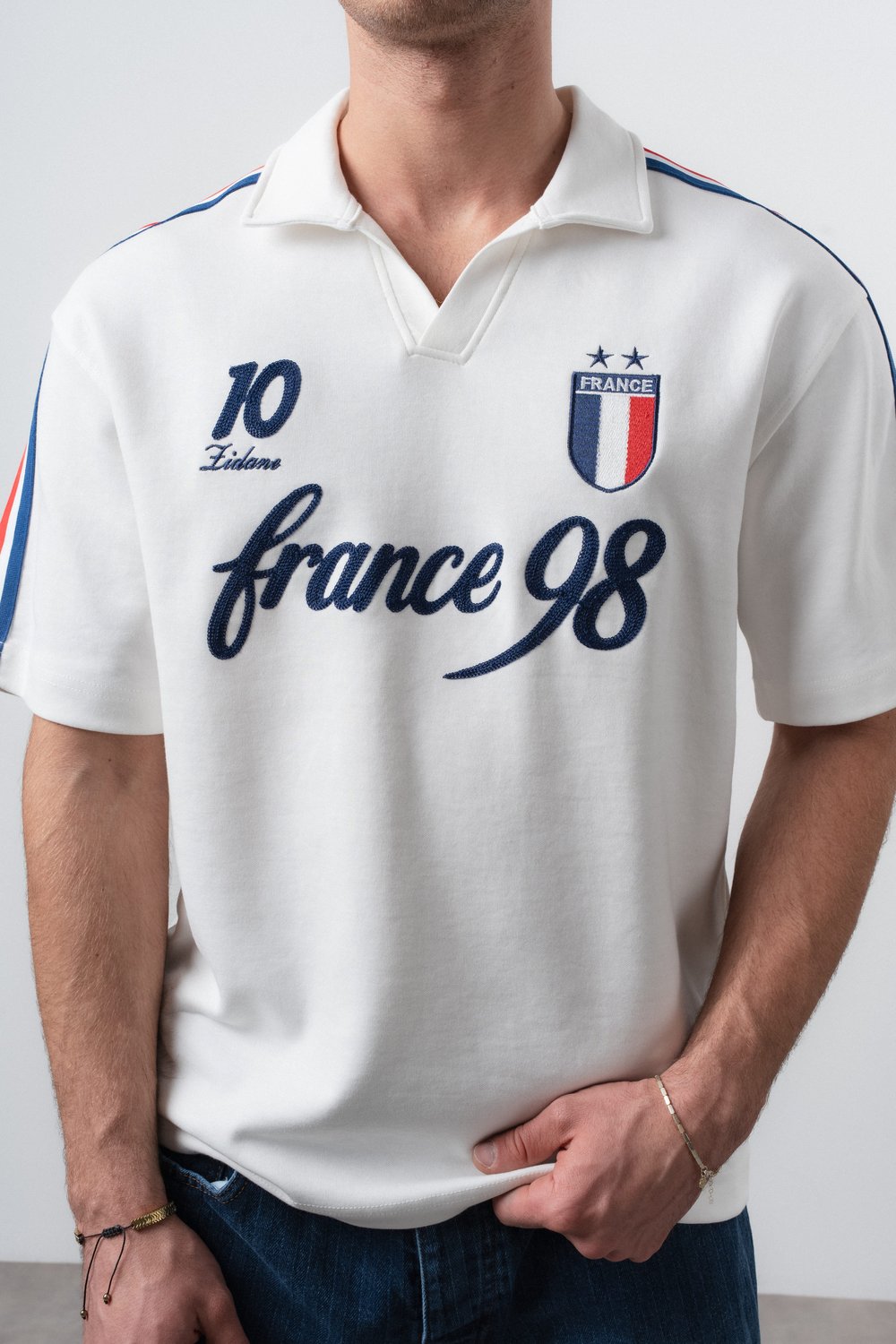 Erkek Fransa Retro Forma T-Shirt Ekru