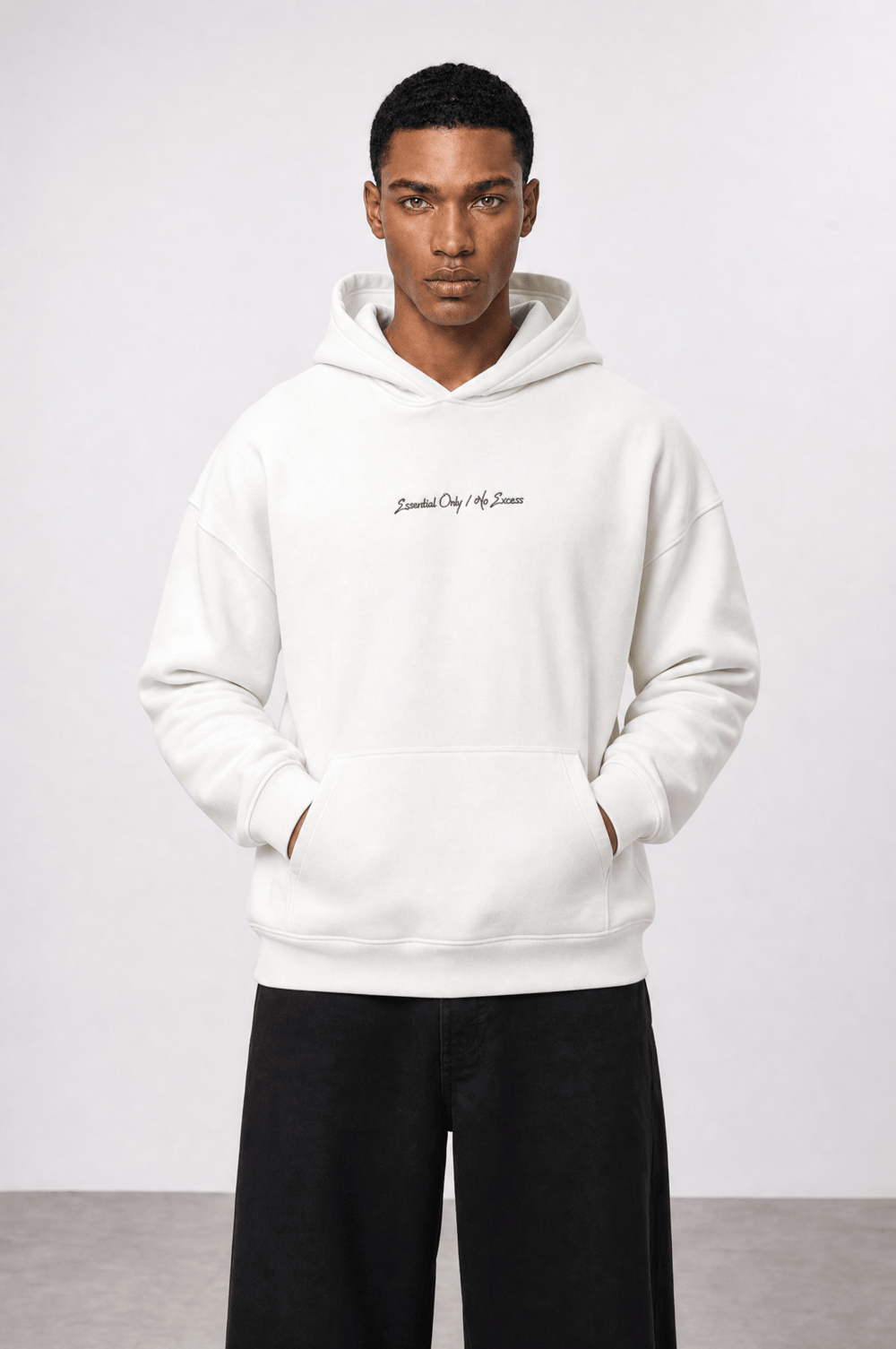 Erkek Essentials Nakışlı Oversize Hoodie Ekru