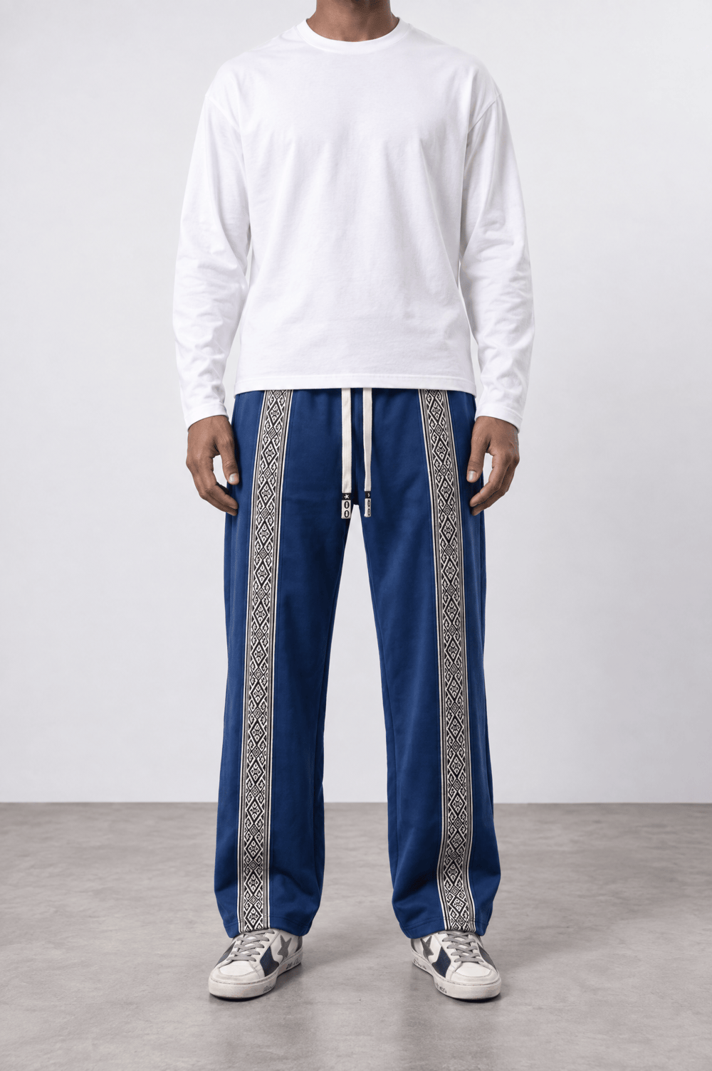 Erkek Etnik Şerit Detaylı Doubleface Baggy Eşofman Altı Lacivert