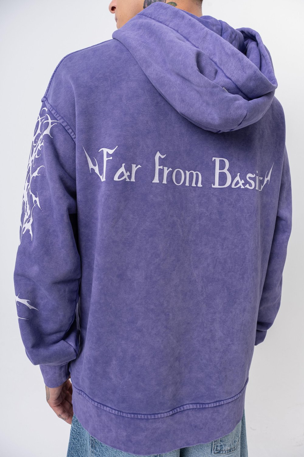 Erkek Far From Basic Baskılı Yıkamalı Kapüşonlu Oversize Hoodie Mor