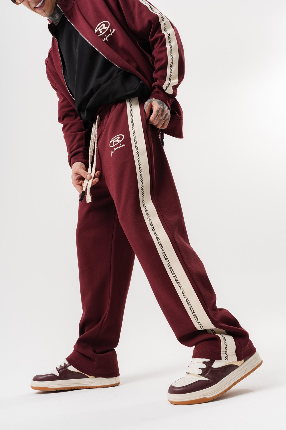 Erkek FFB Şerit Detaylı Doubleface Baggy Eşofman Altı Bordo