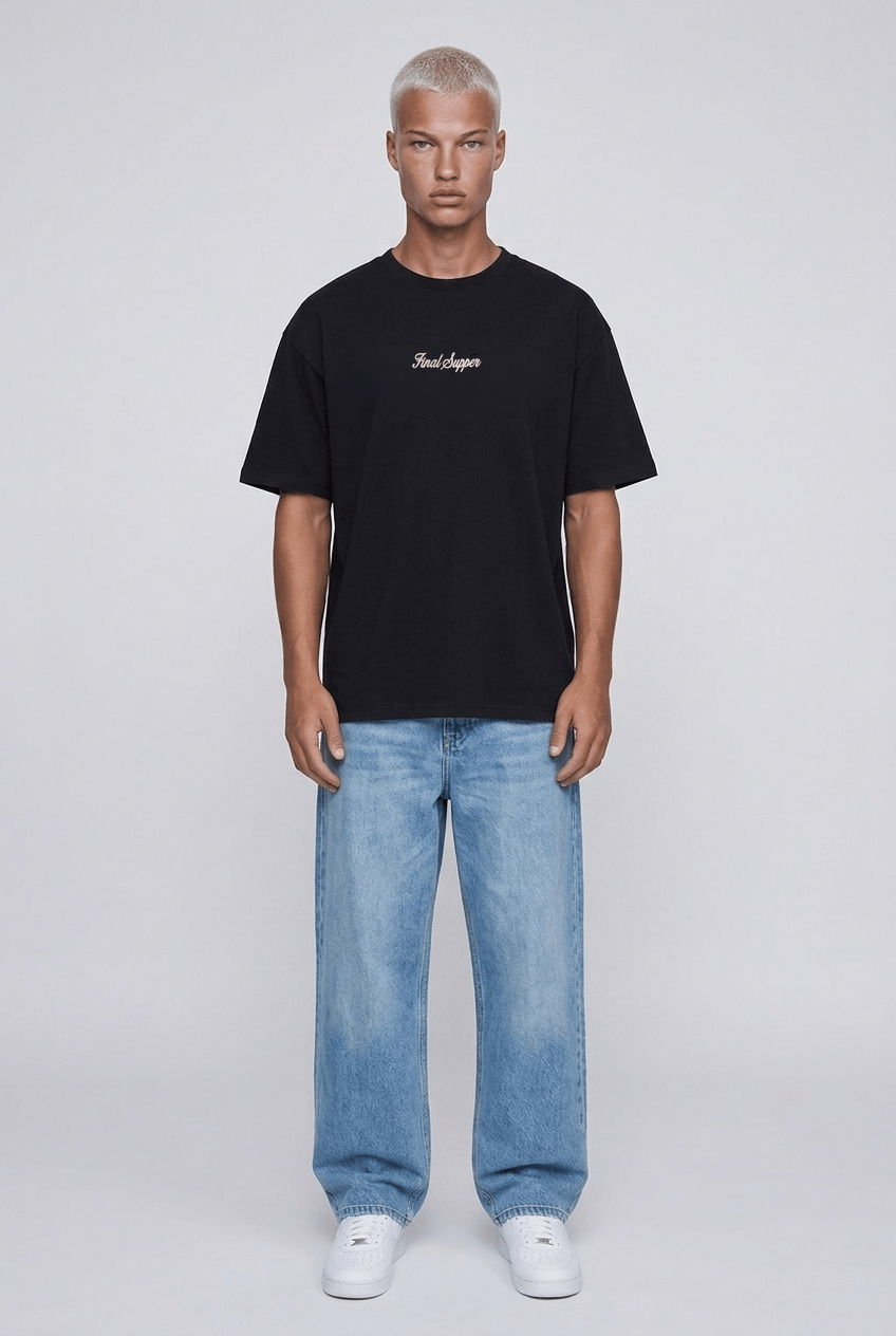 Erkek Final Supper Nakışlı Oversize T-Shirt Siyah