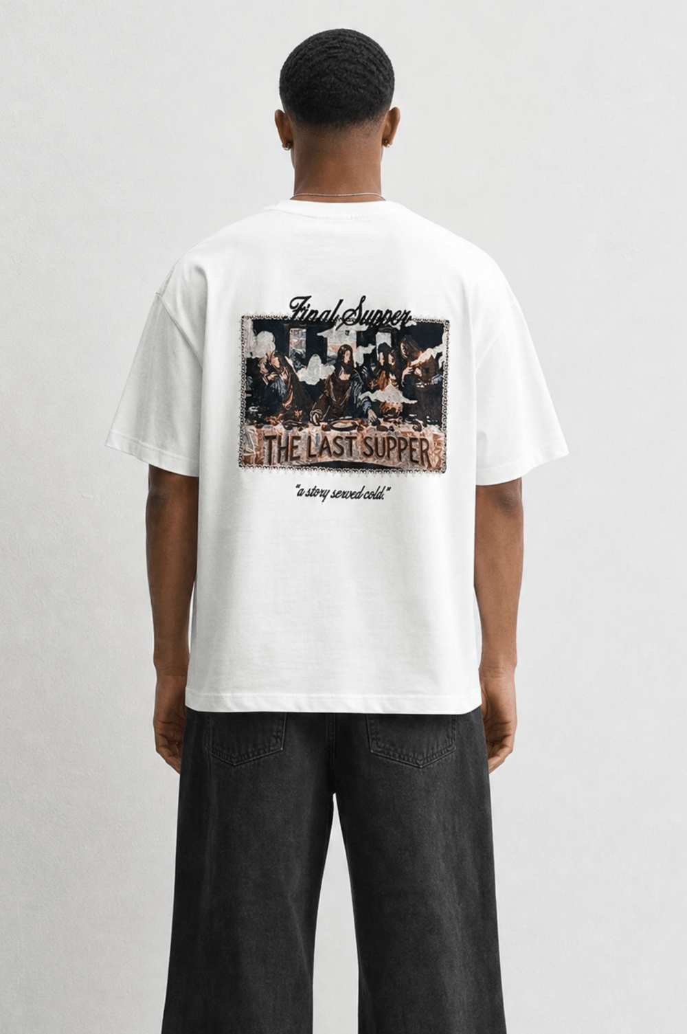 Erkek Final Supper Nakışlı Oversize T-Shirt Ekru
