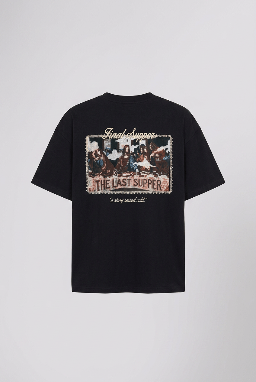 Erkek Final Supper Nakışlı Oversize T-Shirt Siyah