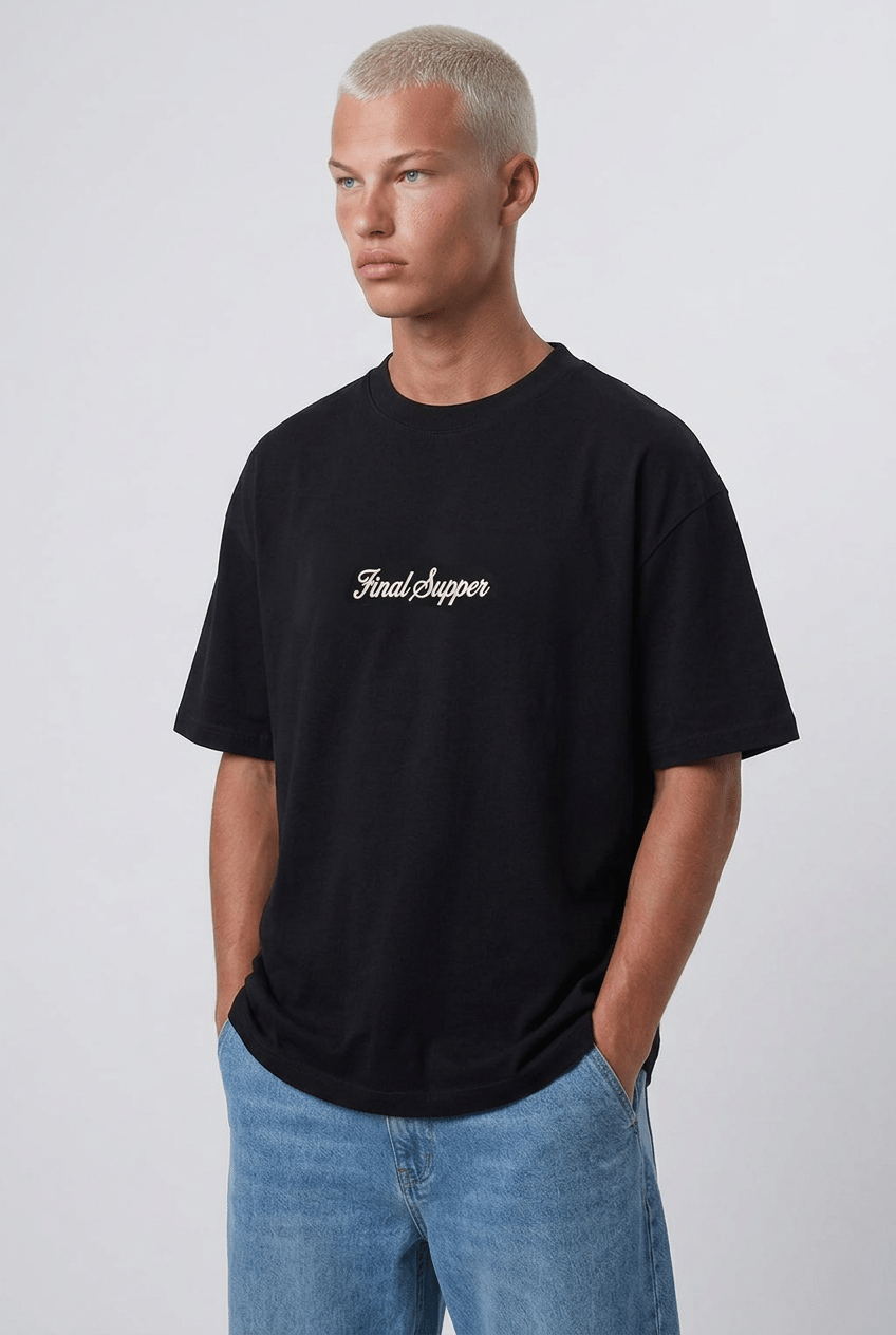 Erkek Final Supper Nakışlı Oversize T-Shirt Siyah