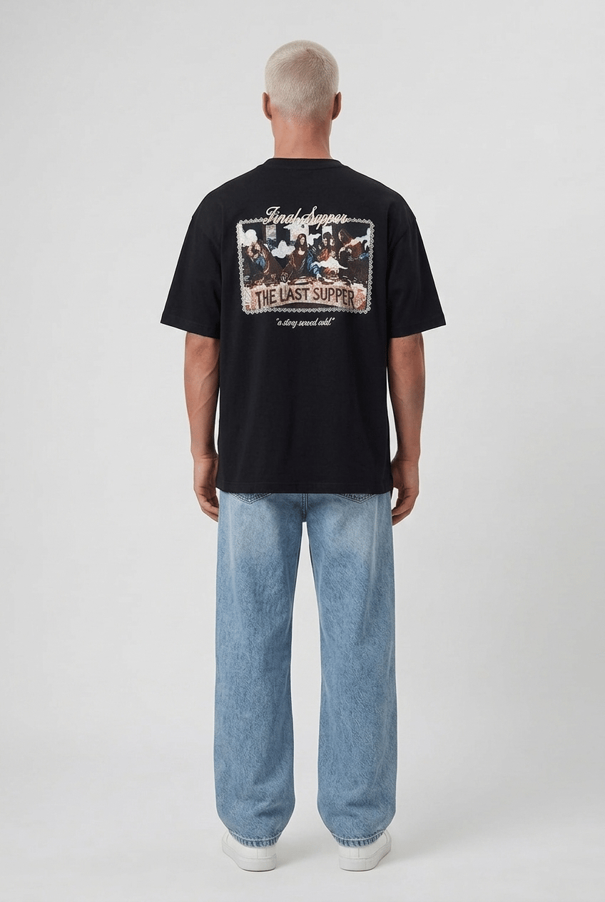 Erkek Final Supper Nakışlı Oversize T-Shirt Siyah