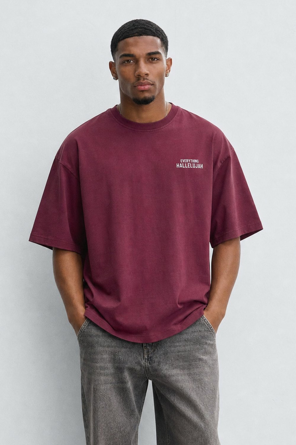 Erkek Hallelujah Baskılı Oversize T-Shirt Bordo