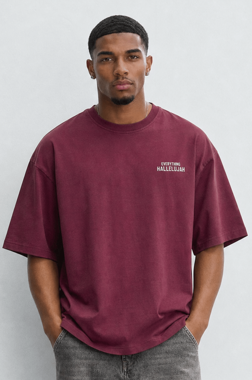Erkek Hallelujah Baskılı Oversize T-Shirt Bordo