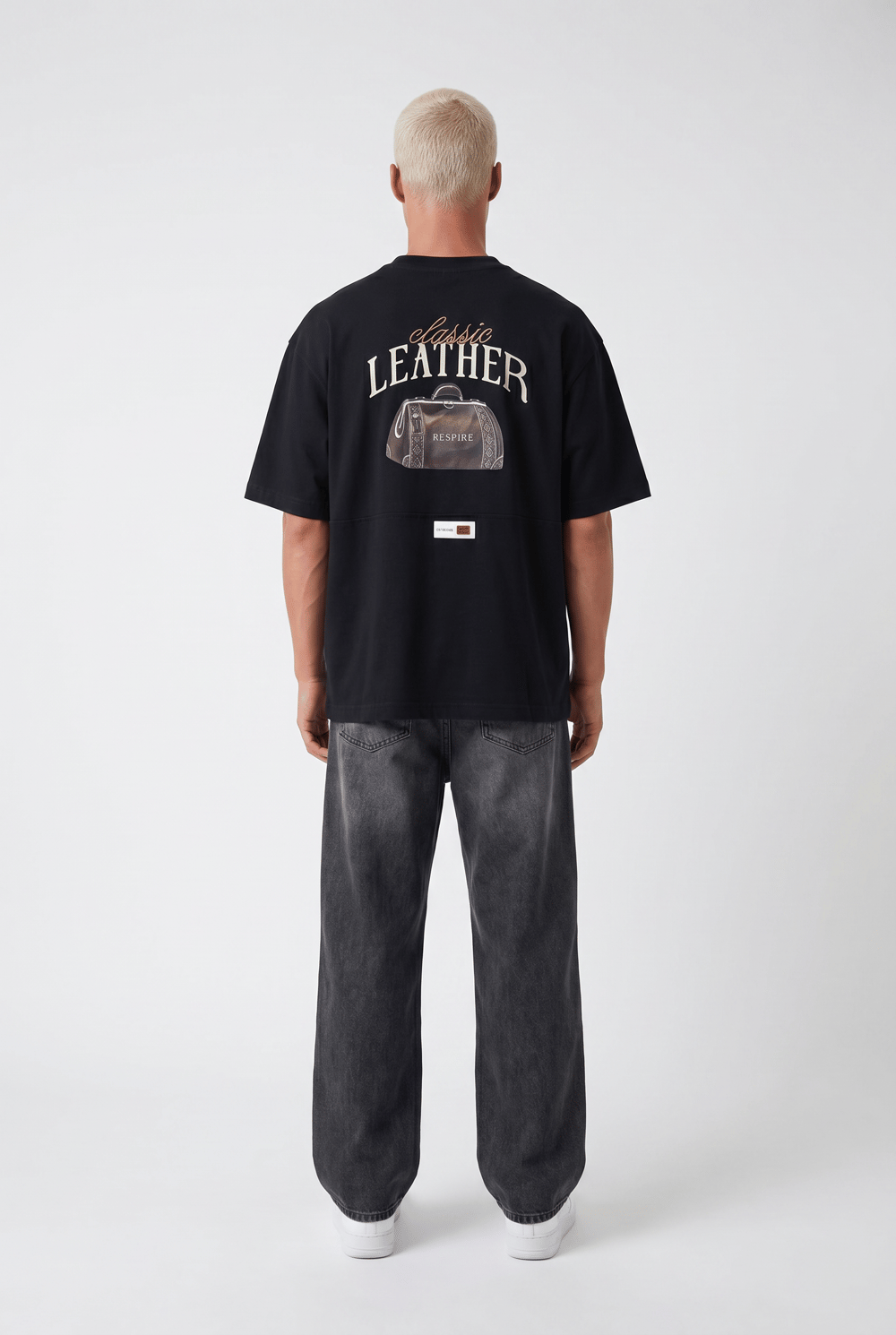 Erkek Leather Baskılı Oversize T-Shirt Siyah