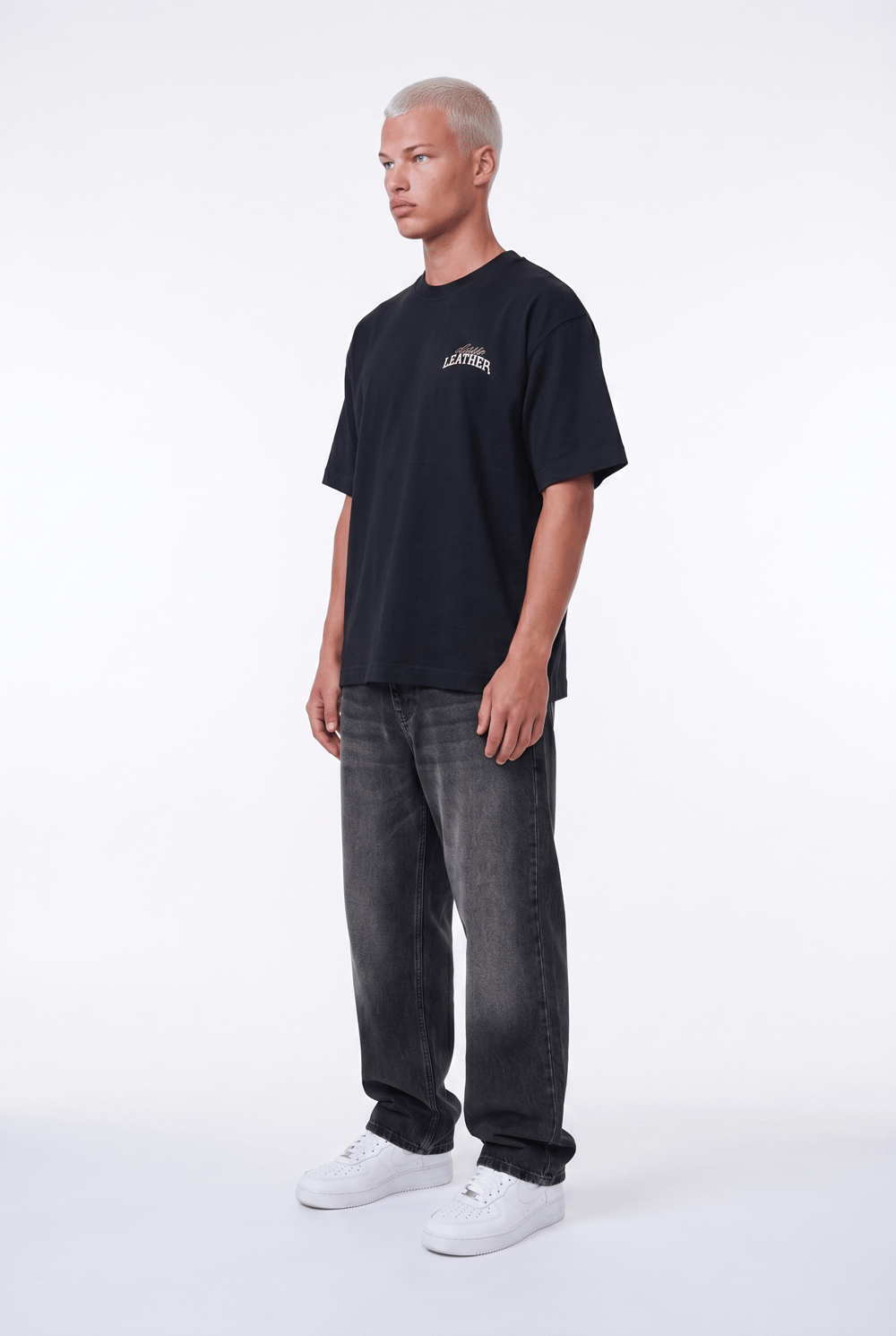 Erkek Leather Baskılı Oversize T-Shirt Siyah