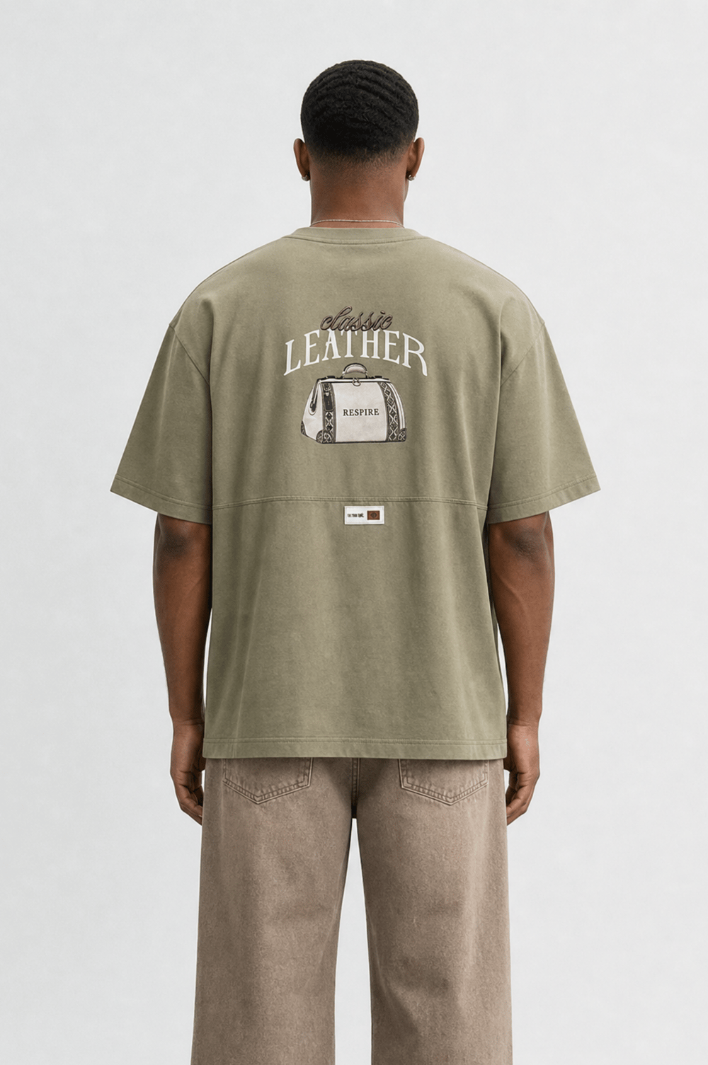 Erkek Leather Baskılı Oversize T-Shirt Haki