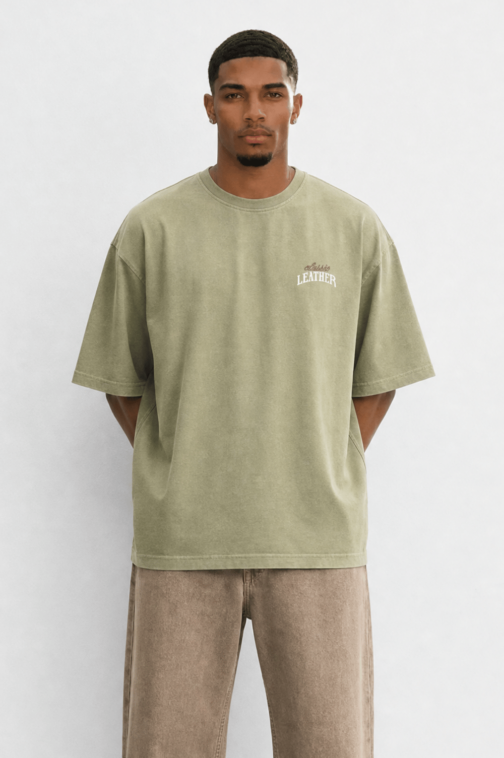 Erkek Leather Baskılı Oversize T-Shirt Haki