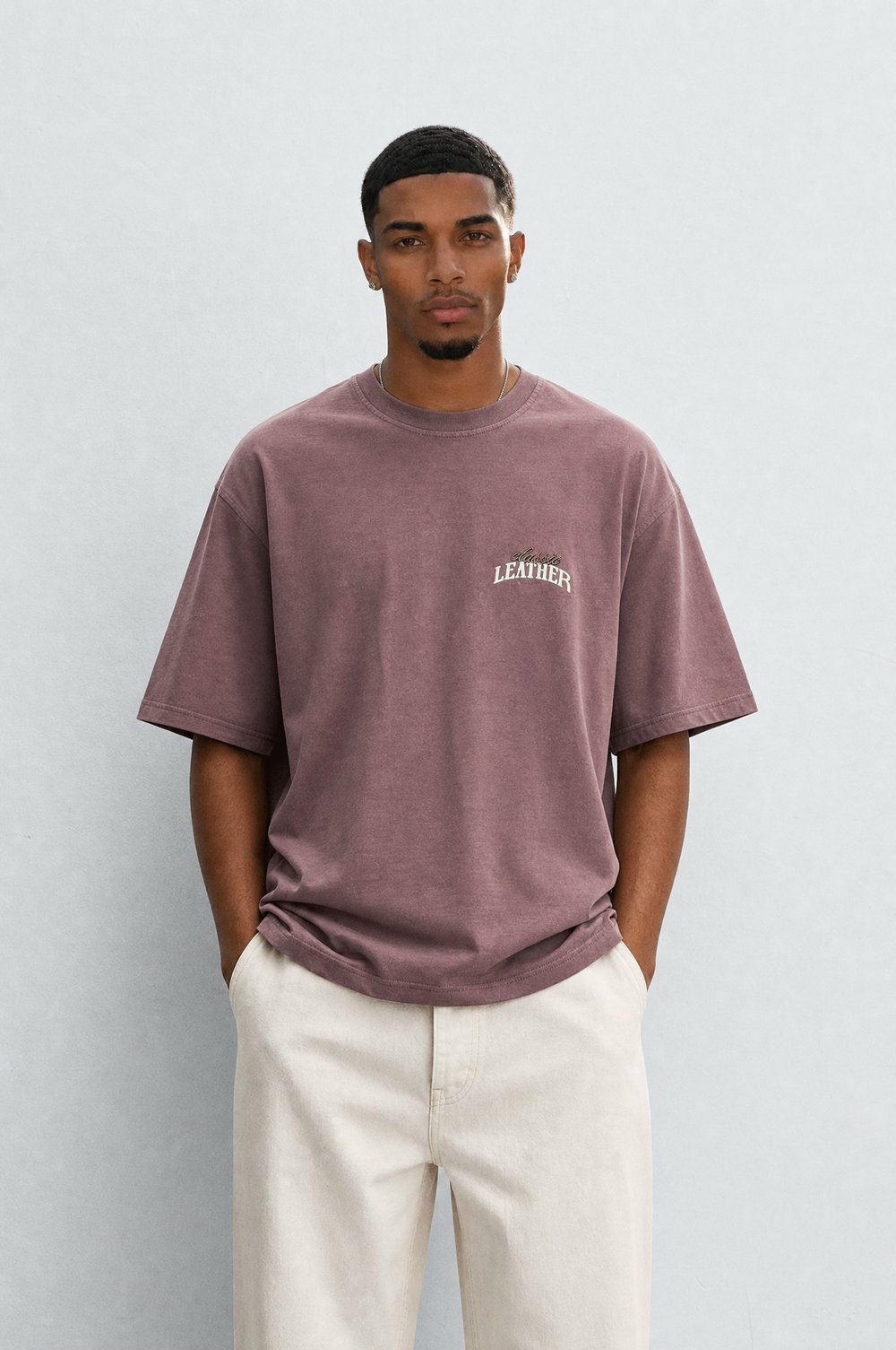 Erkek Leather Baskılı Oversize T-Shirt Kahve