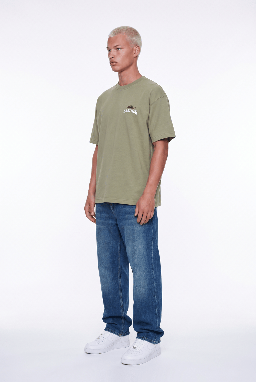 Erkek Leather Baskılı Oversize T-Shirt Haki