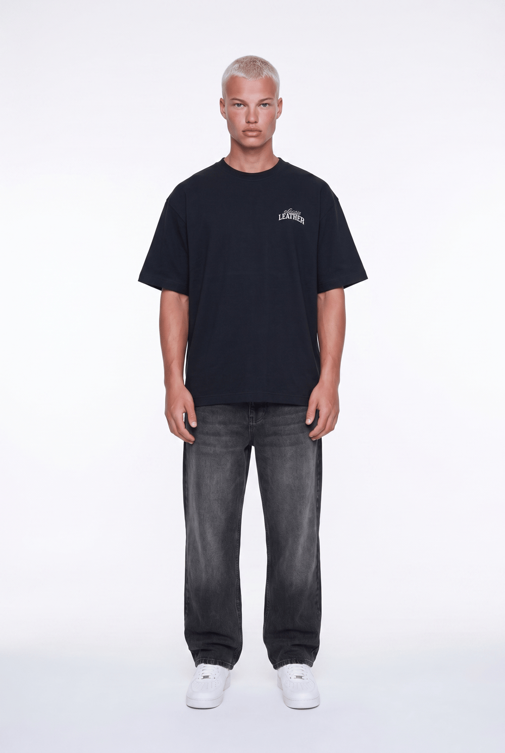 Erkek Leather Baskılı Oversize T-Shirt Siyah