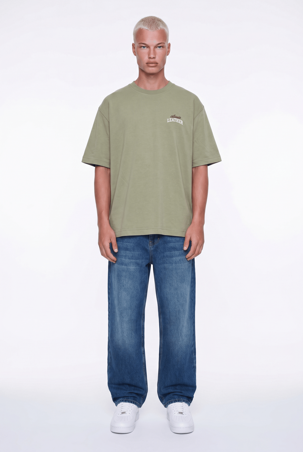Erkek Leather Baskılı Oversize T-Shirt Haki