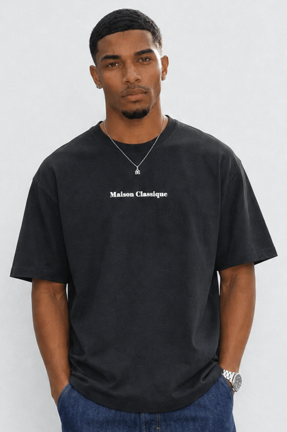 Erkek Maison Baskılı Oversize T-Shirt Siyah