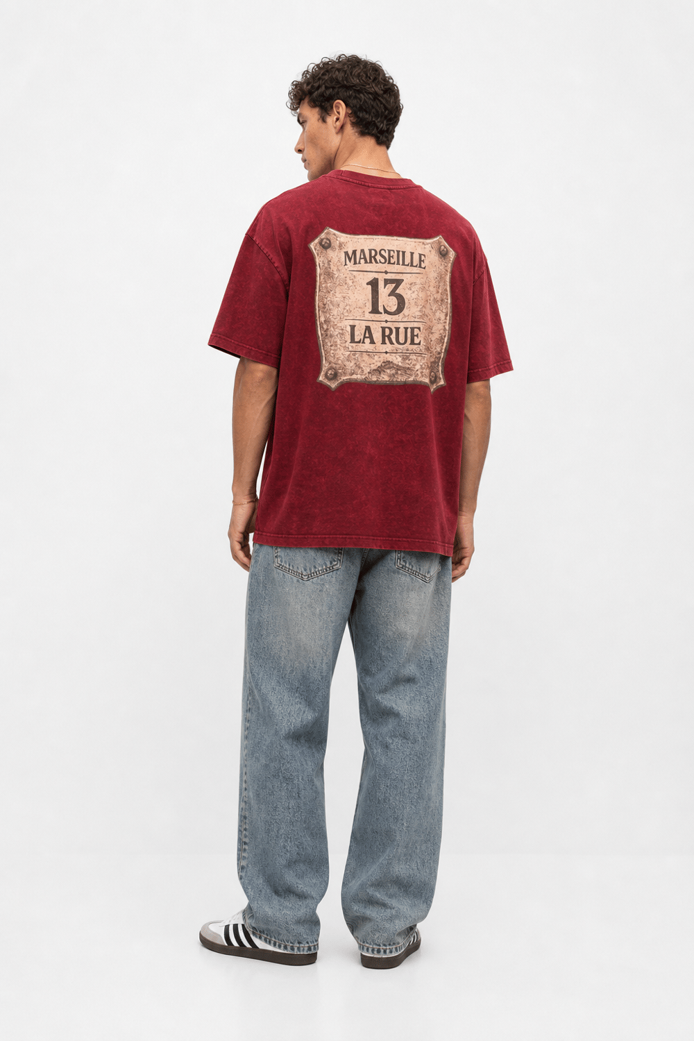 Erkek Marseille Baskılı Yıkamalı Oversize T-Shirt Bordo