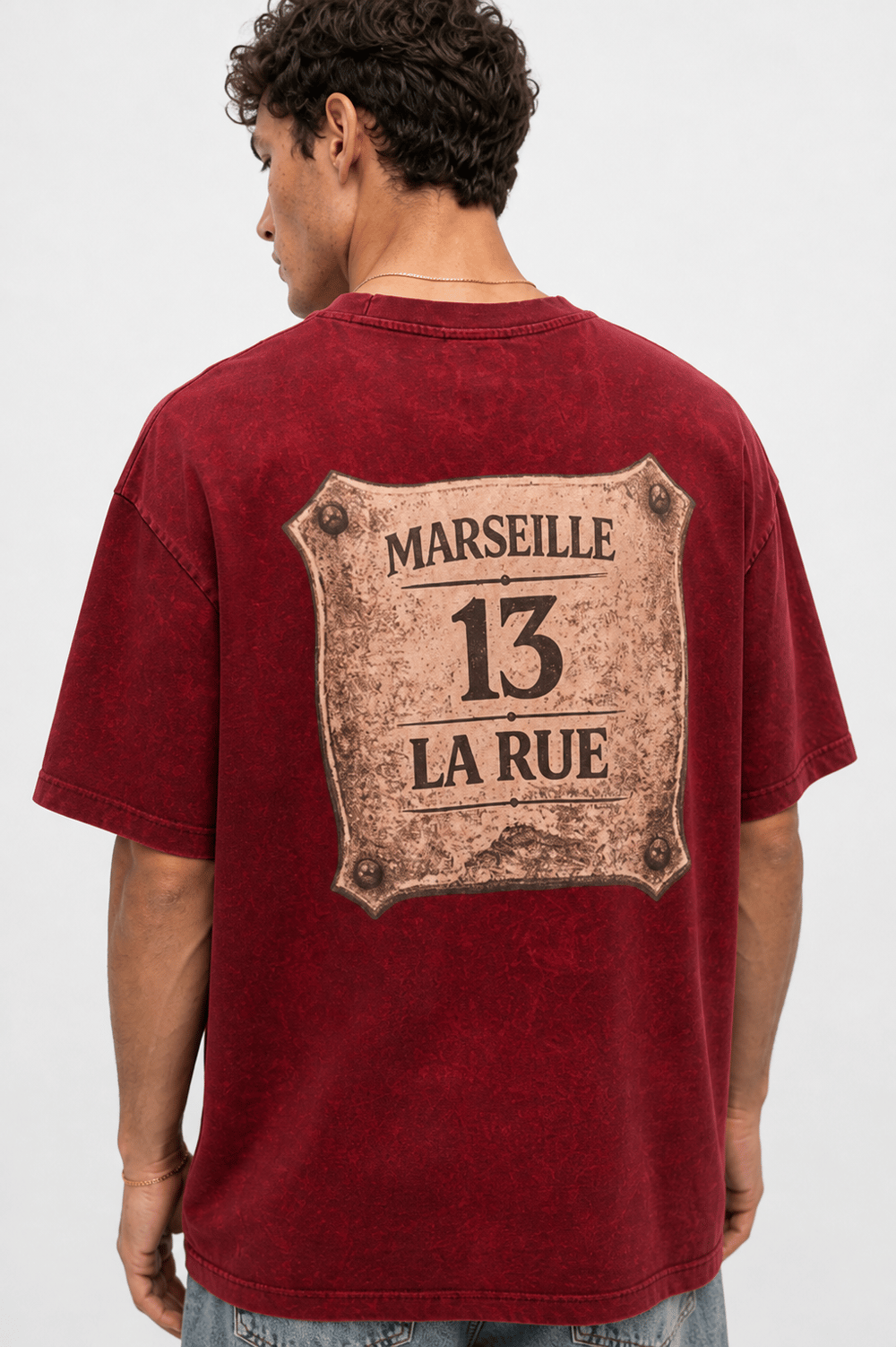 Erkek Marseille Baskılı Yıkamalı Oversize T-Shirt Bordo