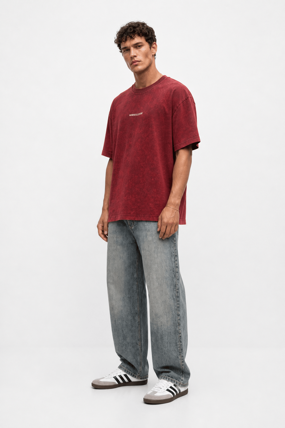 Erkek Marseille Baskılı Yıkamalı Oversize T-Shirt Bordo