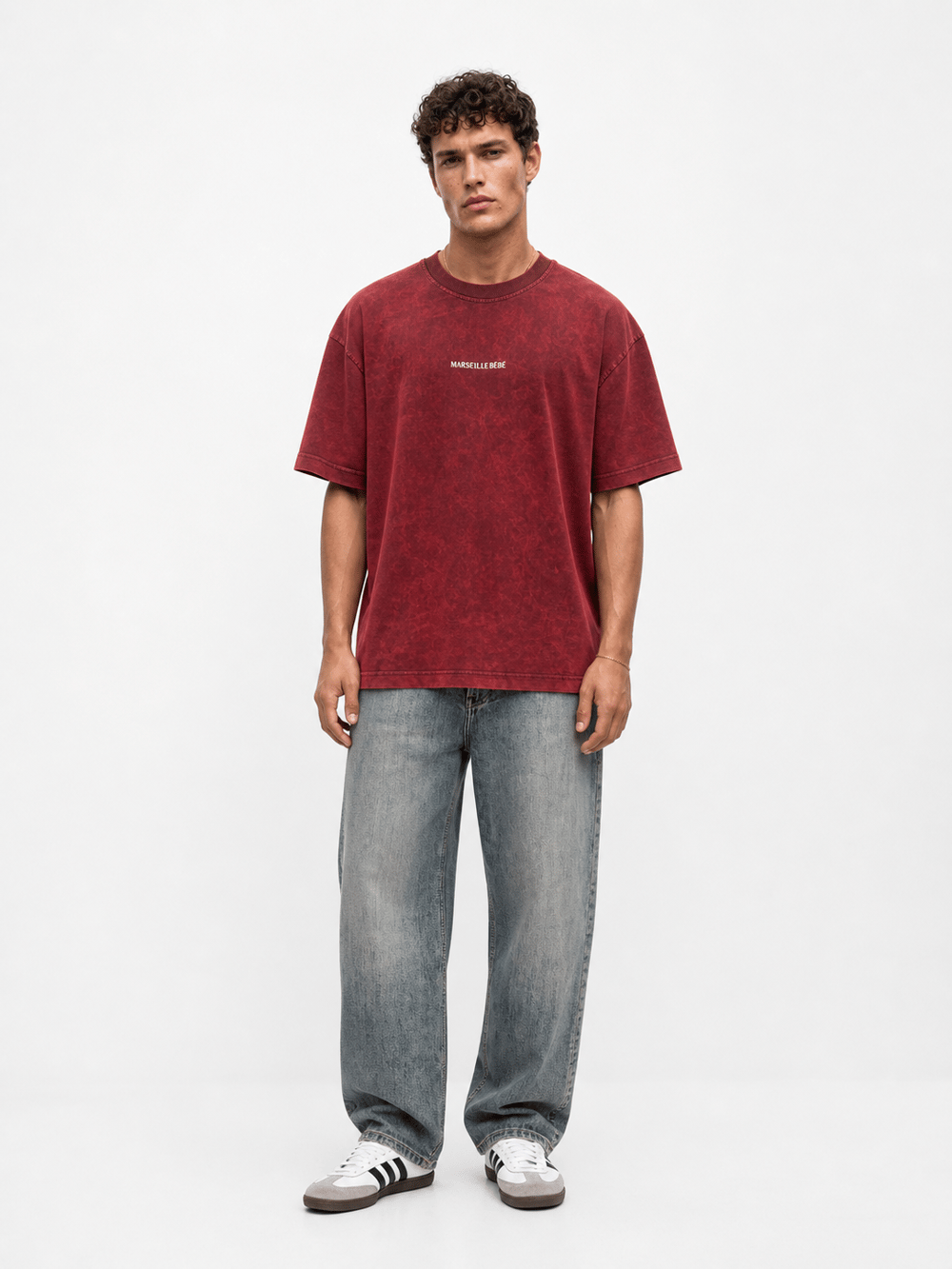 Erkek Marseille Baskılı Yıkamalı Oversize T-Shirt Bordo