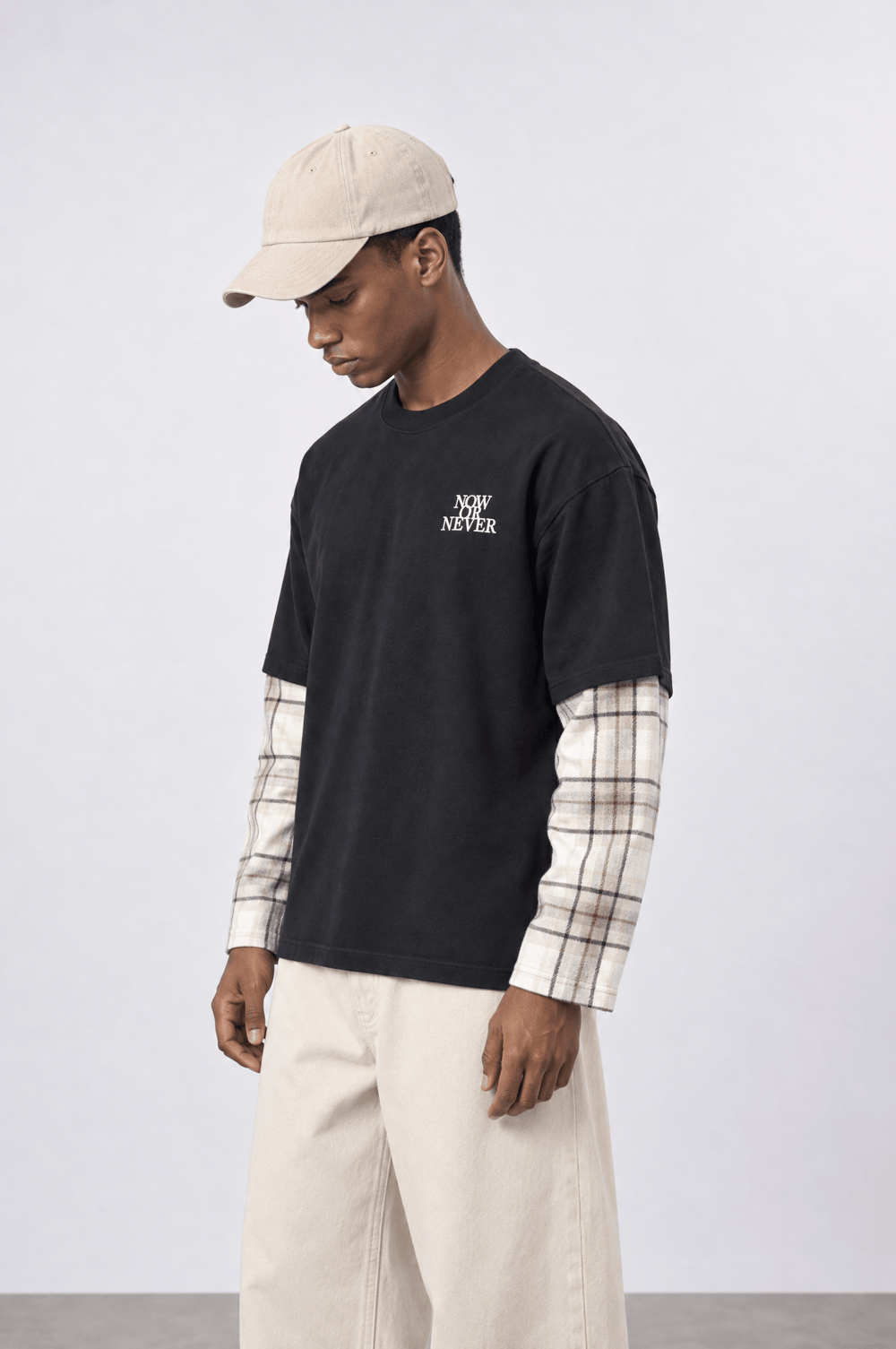 Erkek Now Or Never Nakışlı Double Sleeve Oversize Sweatshirt Siyah