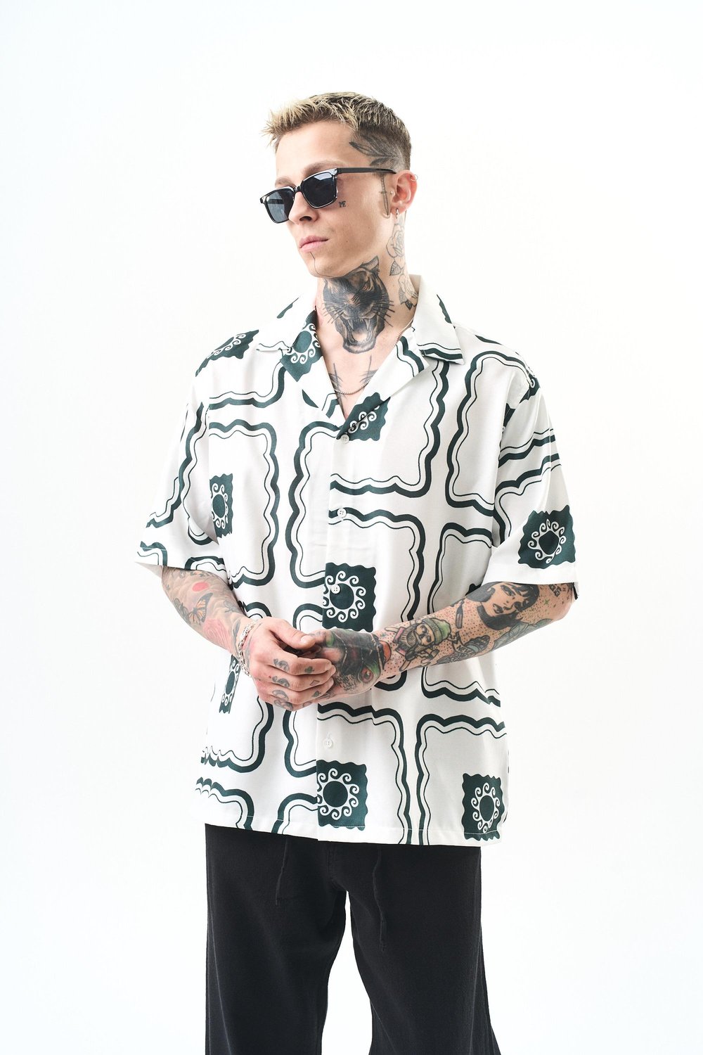 Erkek Paisley Pattern Baskılı Oversize Gömlek Beyaz
