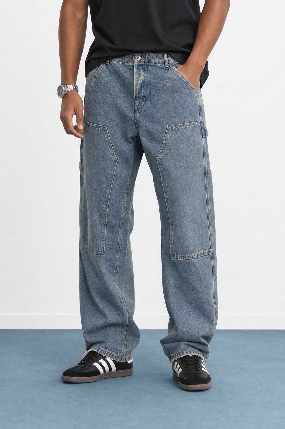 Erkek Parça Detaylı Baggy Jean Mavi