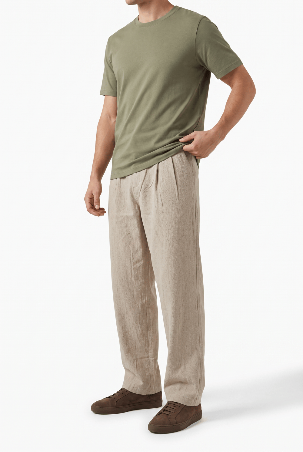 Erkek Pile Detaylı Tensel Baggy Pantolon Bej