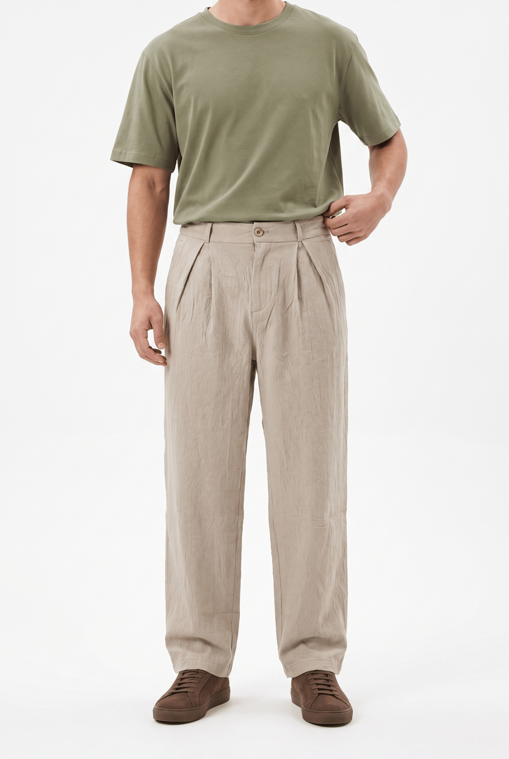 Erkek Pile Detaylı Tensel Baggy Pantolon Bej