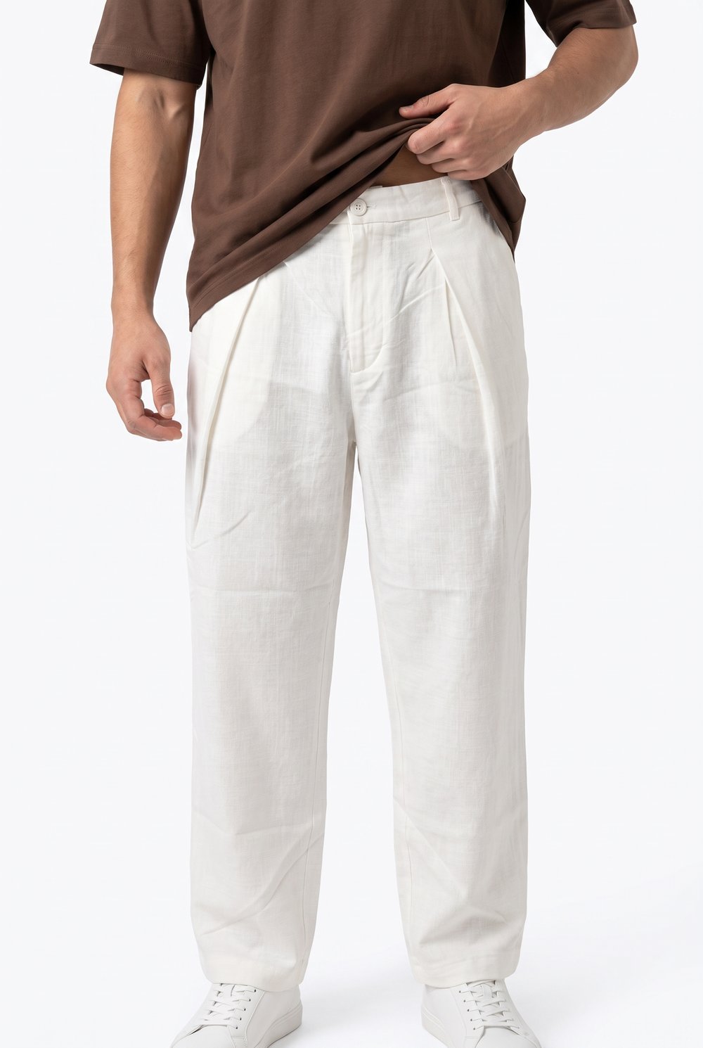 Erkek Pileli Keten Baggy Pantolon Beyaz