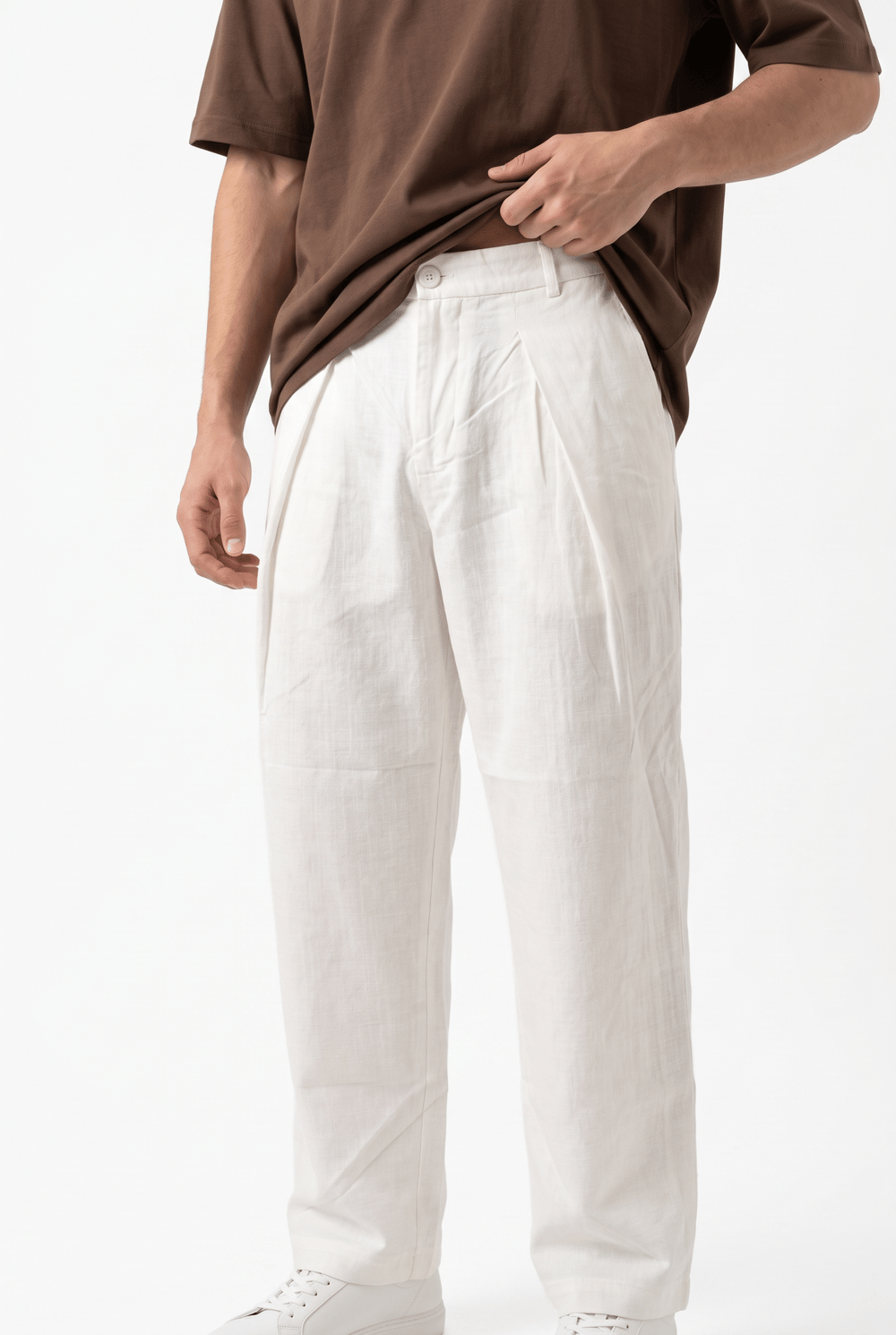 Erkek Pileli Keten Baggy Pantolon Beyaz