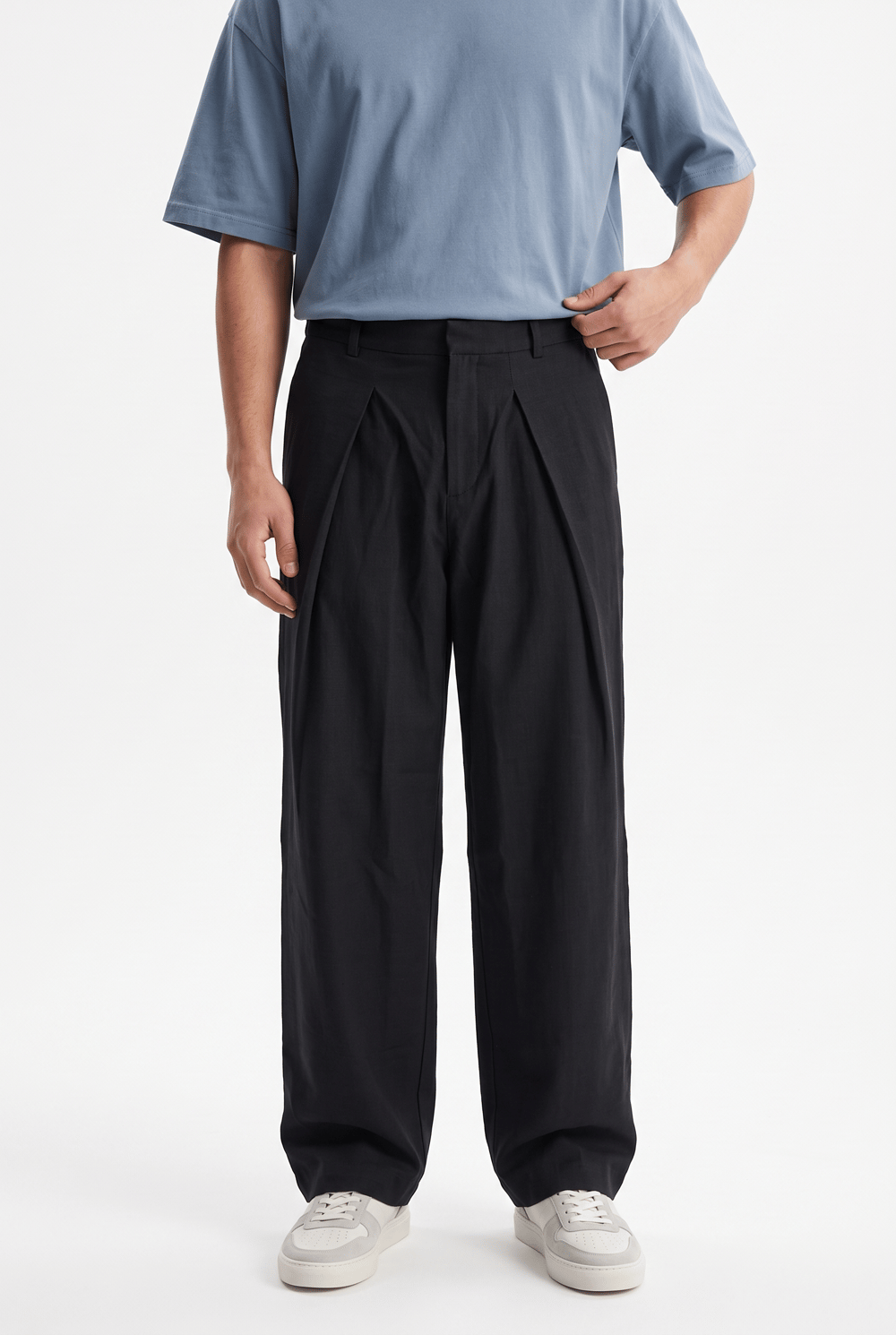 Erkek Pileli Keten Baggy Pantolon Siyah