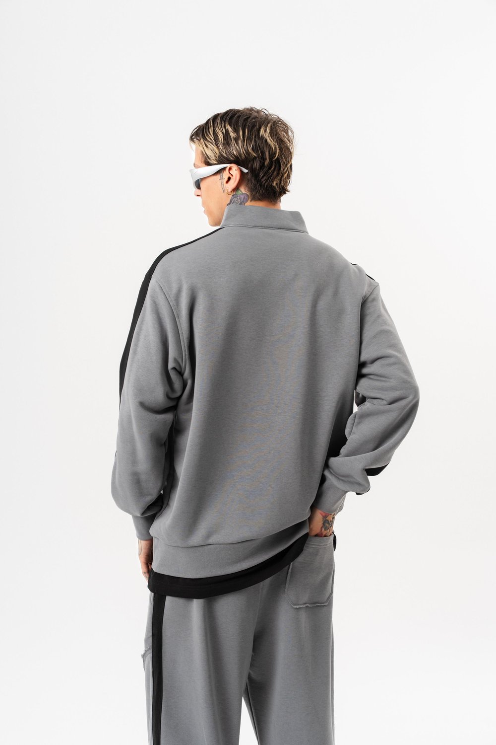 Erkek Pis Dikiş Detaylı Yarım Fermuarlı Diagonel Sweatshirt Gri