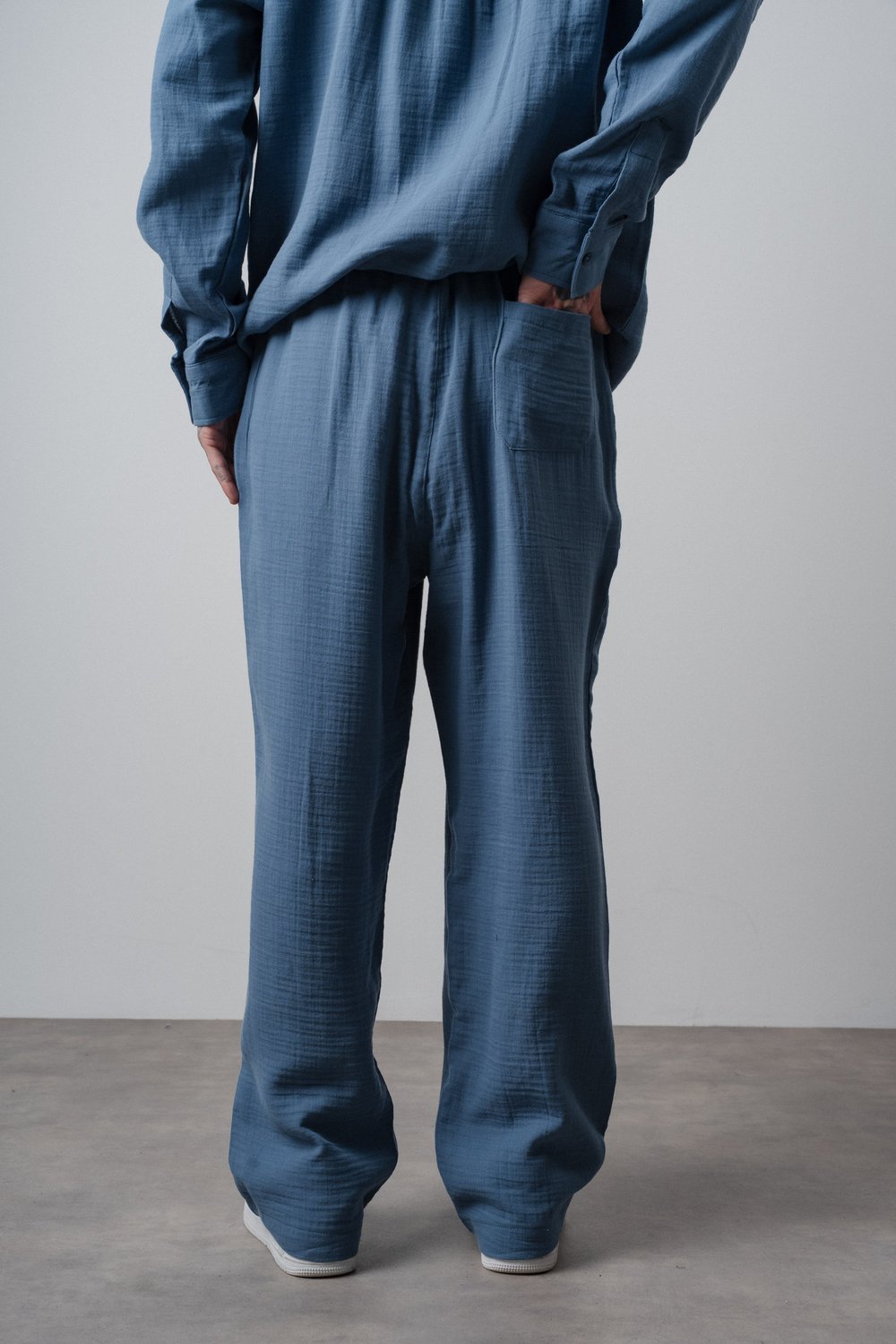 Erkek R Nakışlı Müslin Baggy Pantolon Açık Mavi