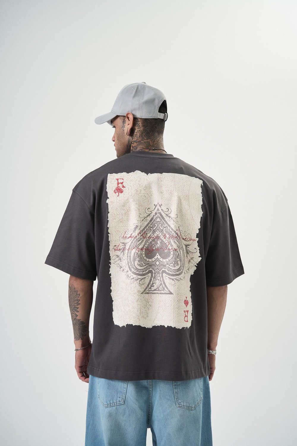 Erkek R Of Spades Baskılı Oversize T-Shirt Füme