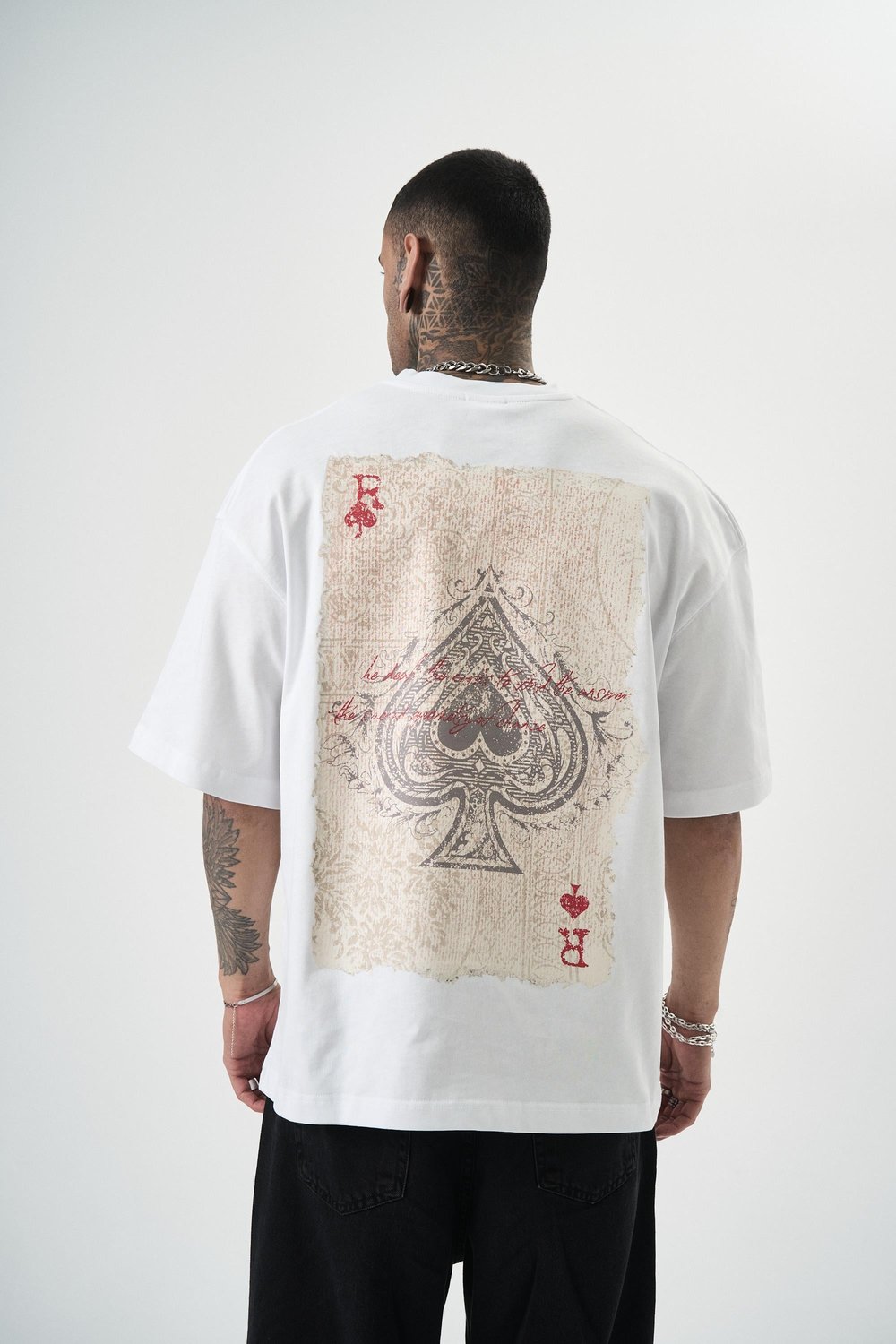 Erkek R Of Spades Baskılı Oversize T-Shirt Beyaz