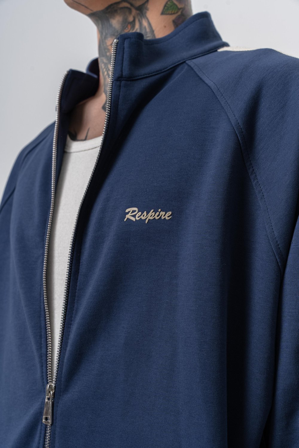 Erkek Respire Şerit Detaylı Dik Yaka Doubleface Zip Oversize Sweatshirt Lacivert