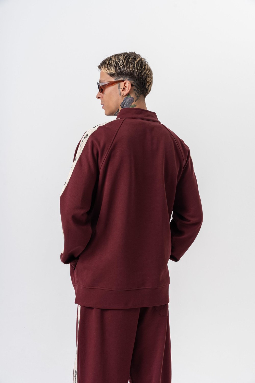 Erkek Respire Şerit Detaylı Dik Yaka Doubleface Zip Oversize Sweatshirt Bordo