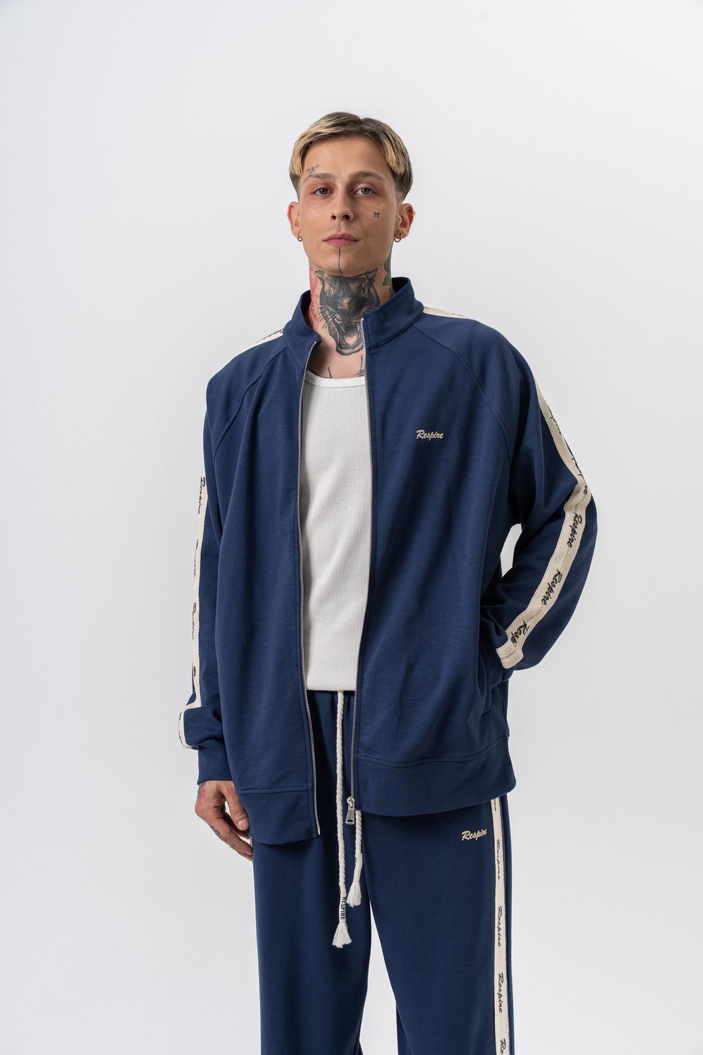 Erkek Respire Şerit Detaylı Dik Yaka Doubleface Zip Oversize Sweatshirt Lacivert