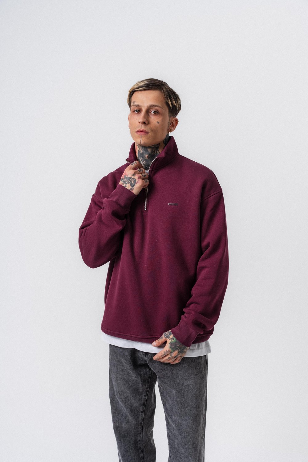 Erkek Respire Yazı Detaylı Yarım Fermuarlı Basic Sweatshirt Vişne