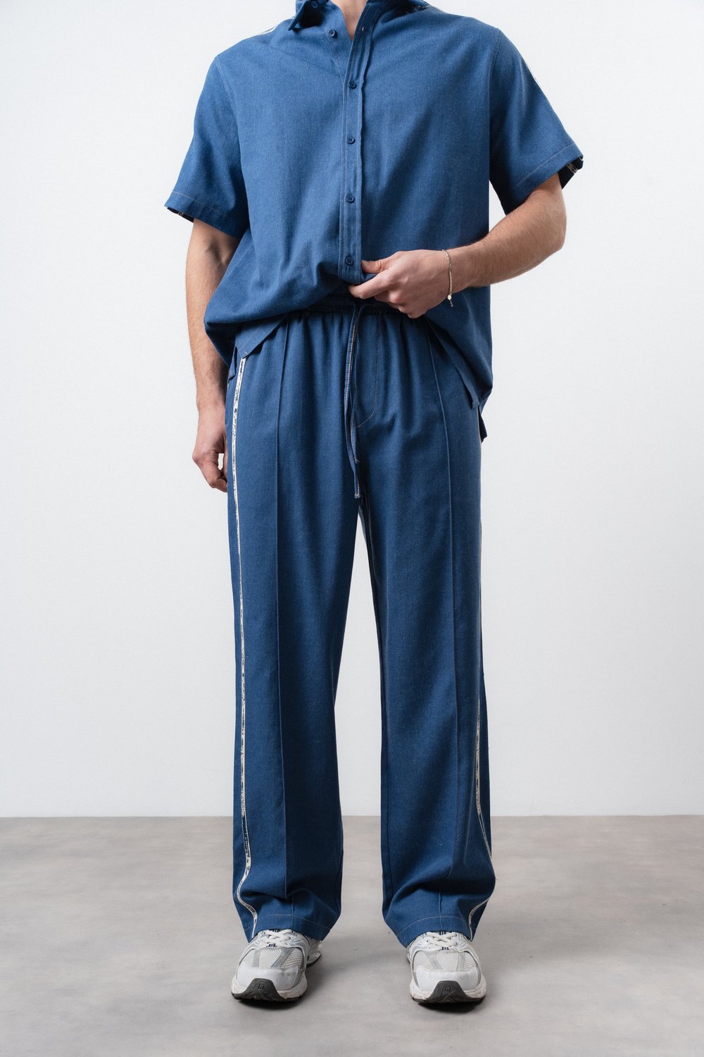 Erkek Şerit Detaylı Denim Baggy Pantolon Lacivert