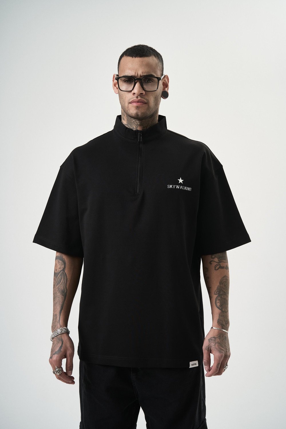Erkek Skywalking Baskılı Yarım Fermuarlı Oversize T-Shirt Siyah