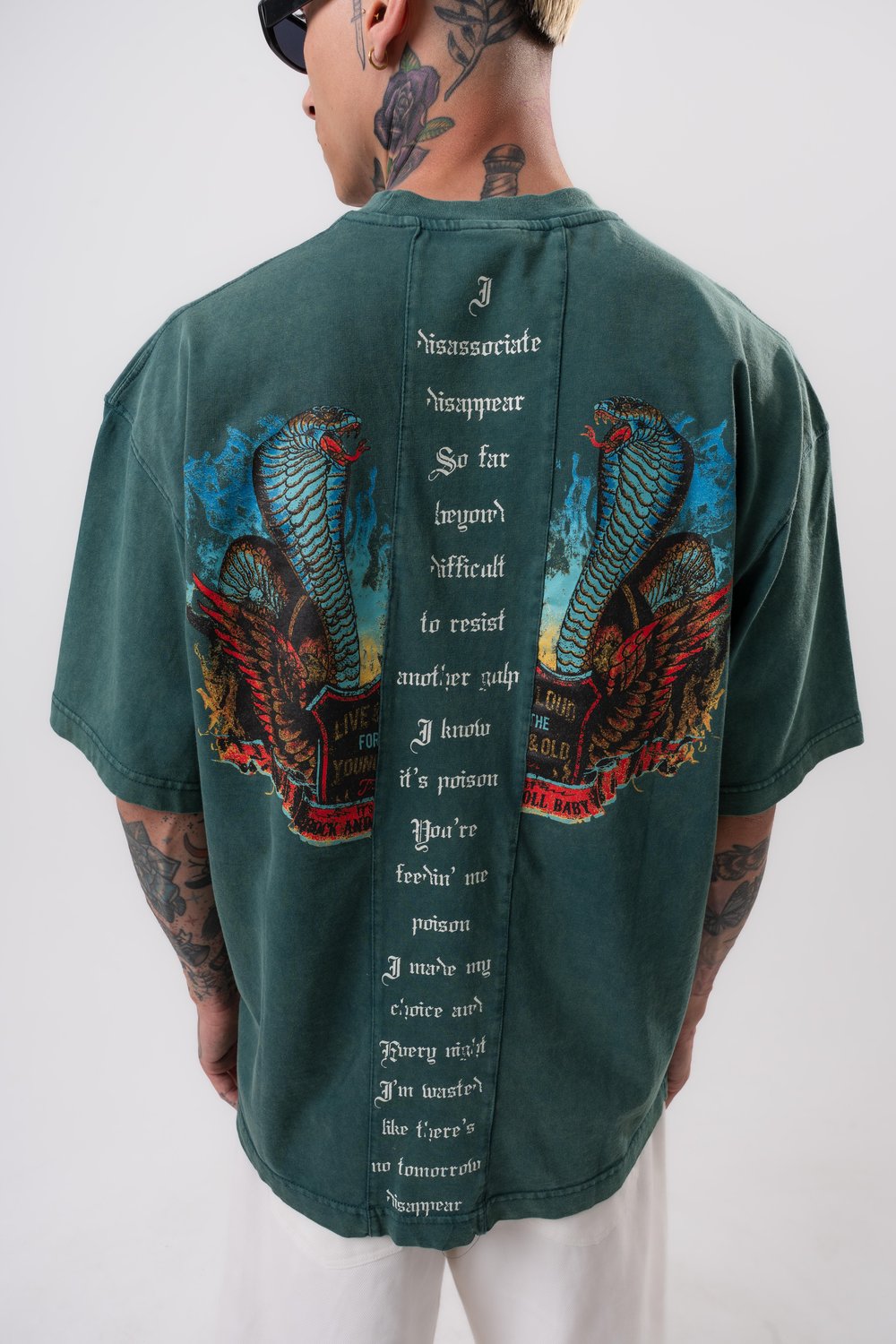 Erkek Snake Baskılı Yıkamalı Oversize T-Shirt Yeşil