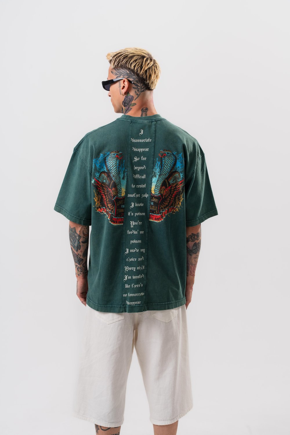 Erkek Snake Baskılı Yıkamalı Oversize T-Shirt Yeşil