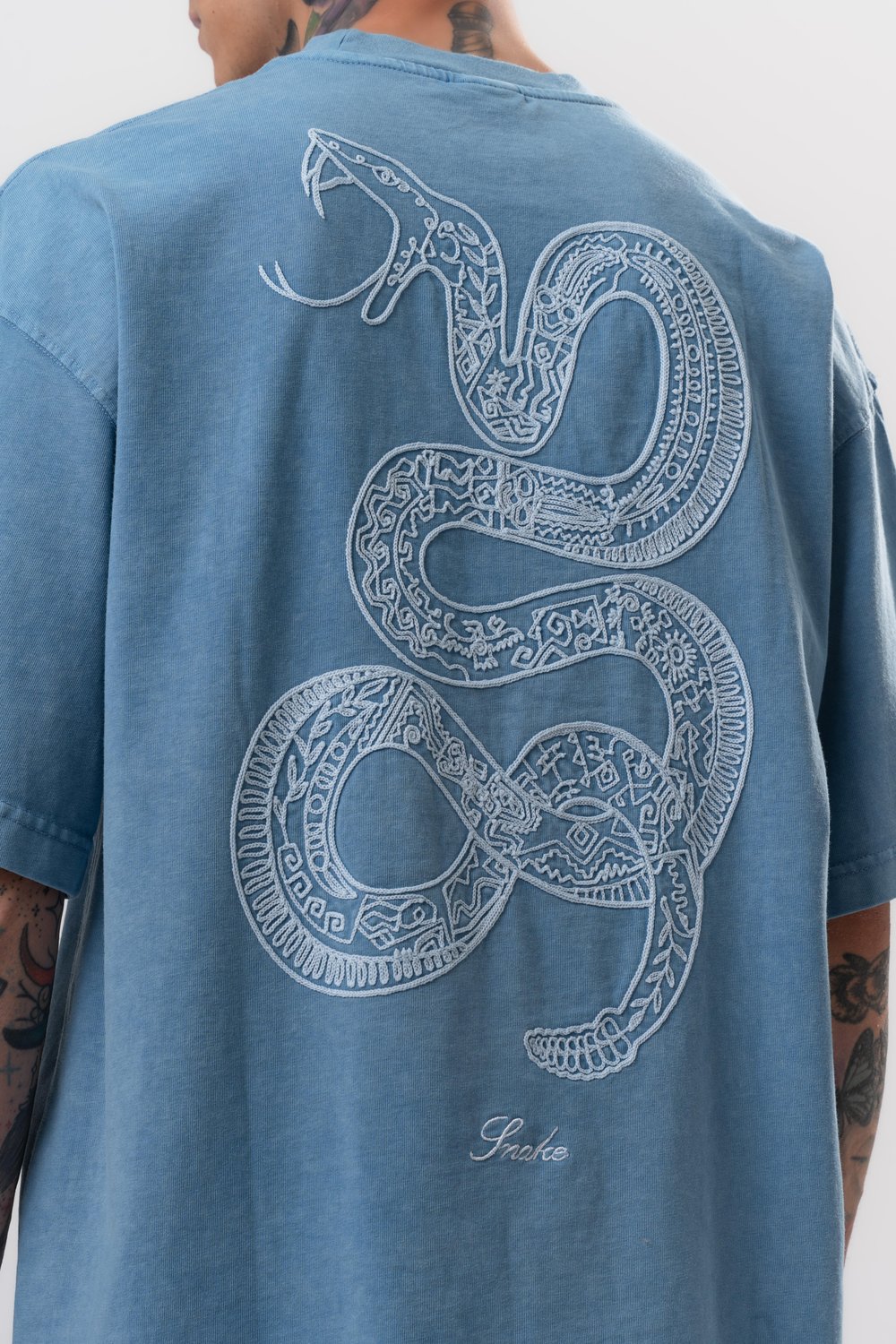 Erkek Snake Nakışlı Yıkamalı Oversize T-Shirt Mavi