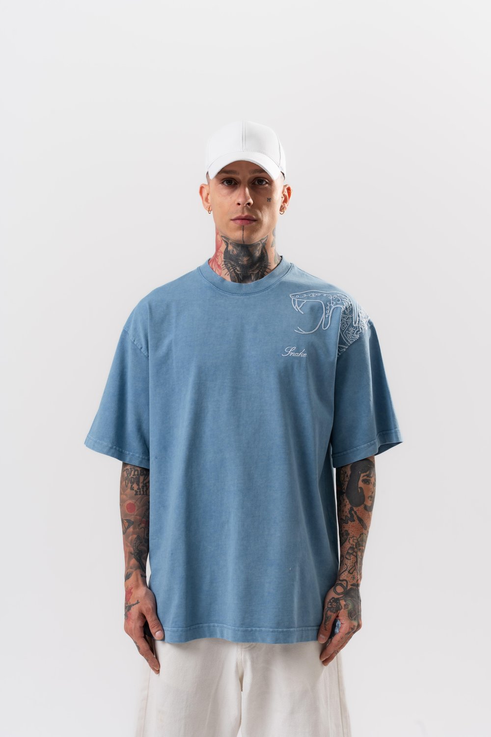 Erkek Snake Nakışlı Yıkamalı Oversize T-Shirt Mavi
