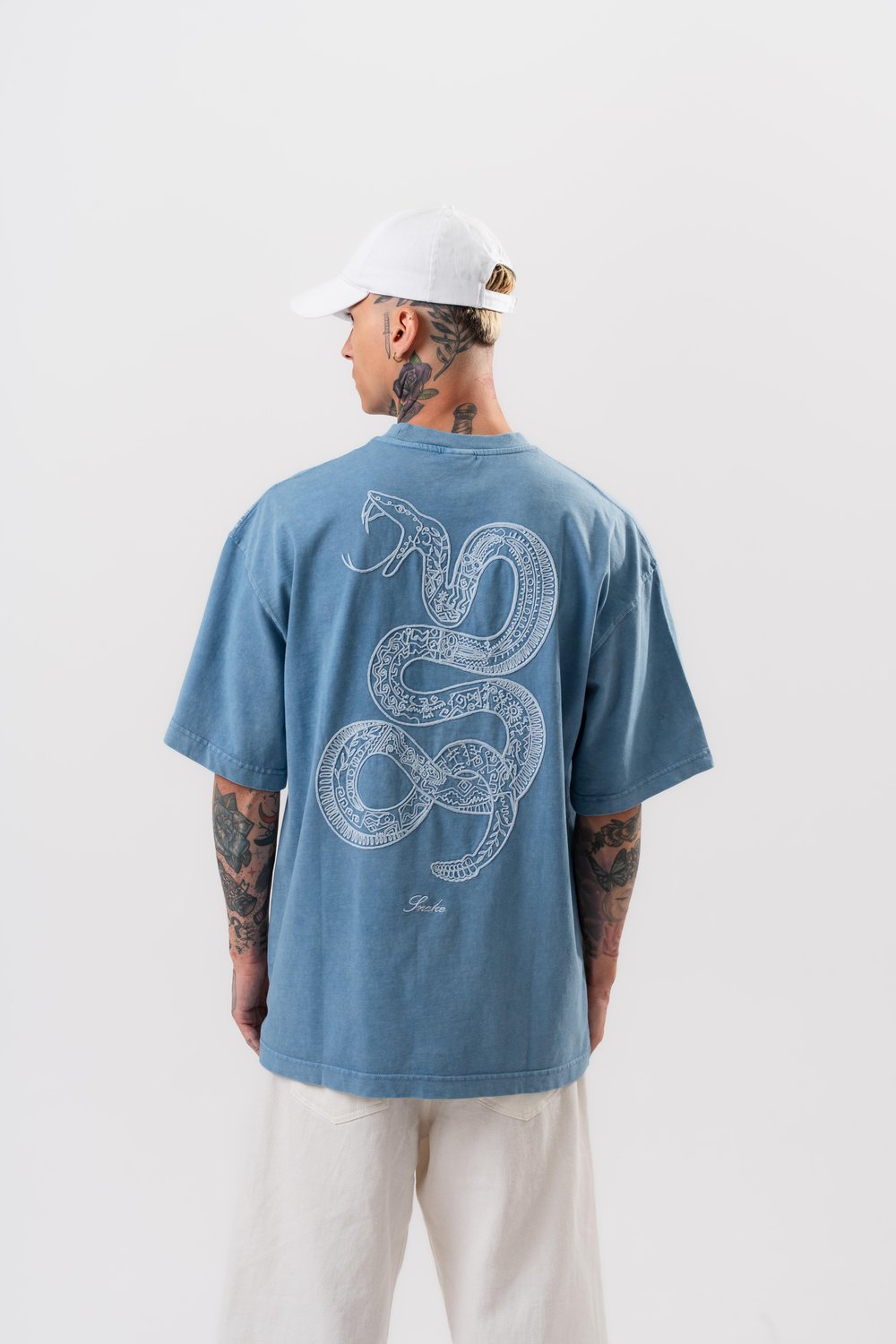 Erkek Snake Nakışlı Yıkamalı Oversize T-Shirt Mavi