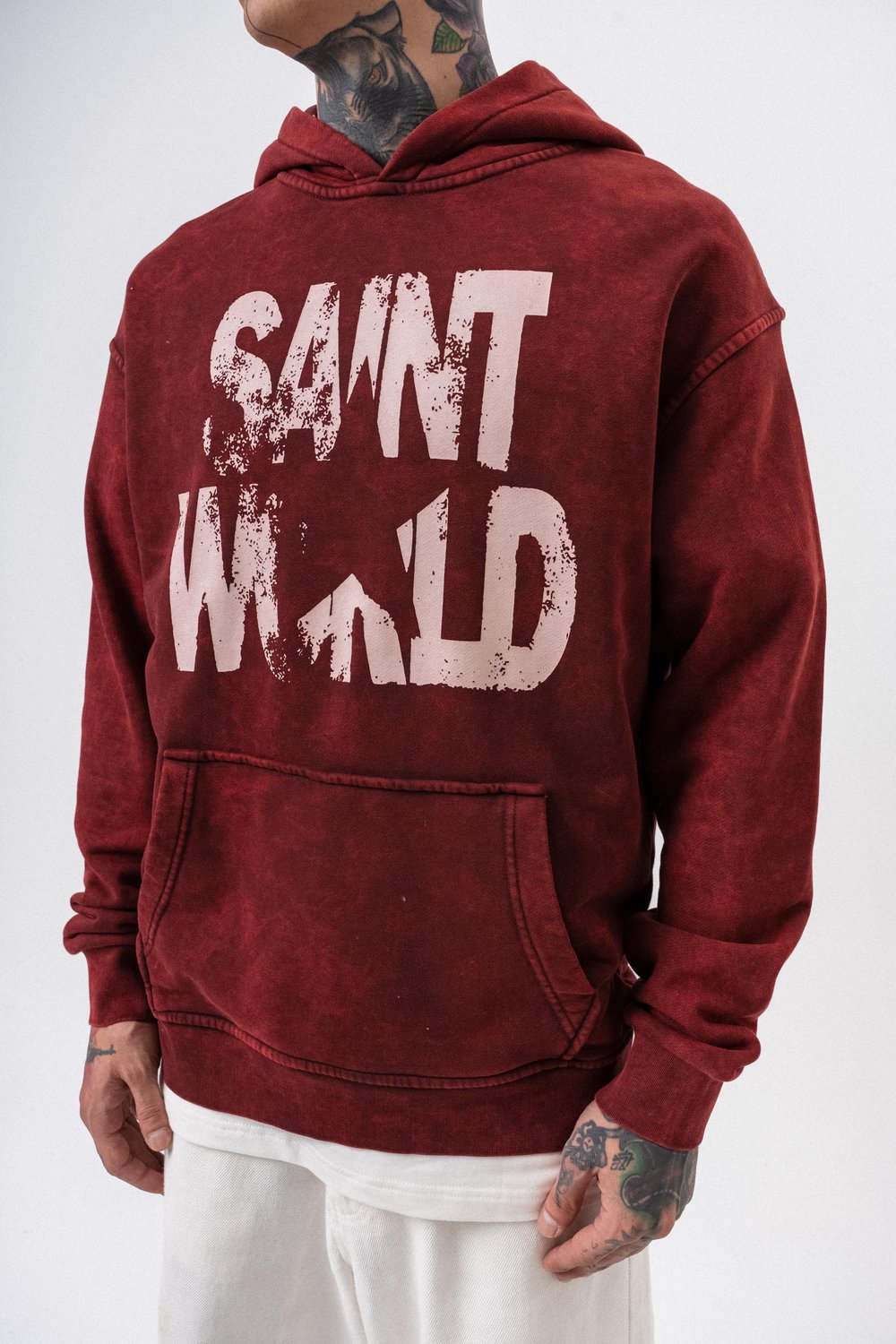 Erkek Star Baskılı Yıkamalı Kapüşonlu Oversize Hoodie Bordo