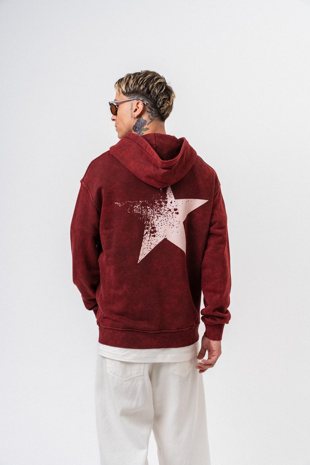 Erkek Star Baskılı Yıkamalı Kapüşonlu Oversize Hoodie Bordo